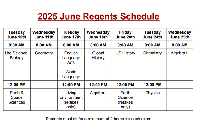 2025 June Regents Schedule